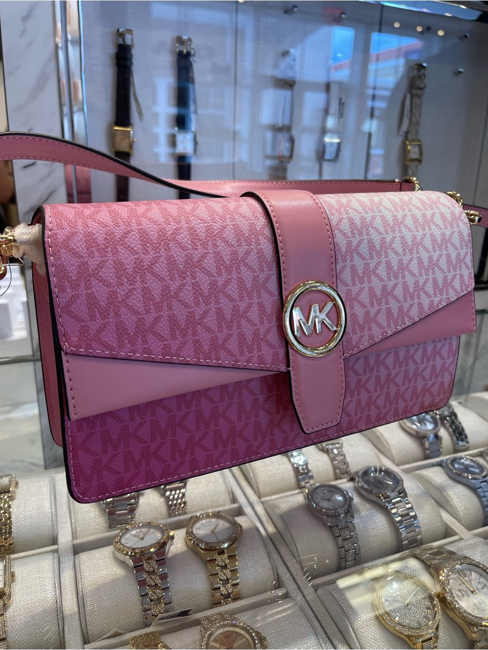 MICHAEL KORS Greenwich Medium Ombré Signature Logo Convertible Flap Carnation